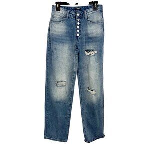 Flamingals Light Wash Distressed Denim High Rise Wide Leg Jeans Button Fly SMALL